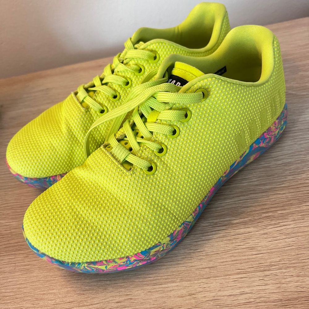 NOBULL Neon Yellow Sneakers with Colorful Sole Unisex M 7.5 W 9 - Picture 2 of 5